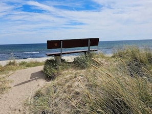 A bench by the beach with a clear view of the ocean.