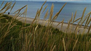 A beach with tall grass in the foreground and a person walking on the sand. - Pretty Holiday Home in Ålbæk near Sea (Aalbaek)