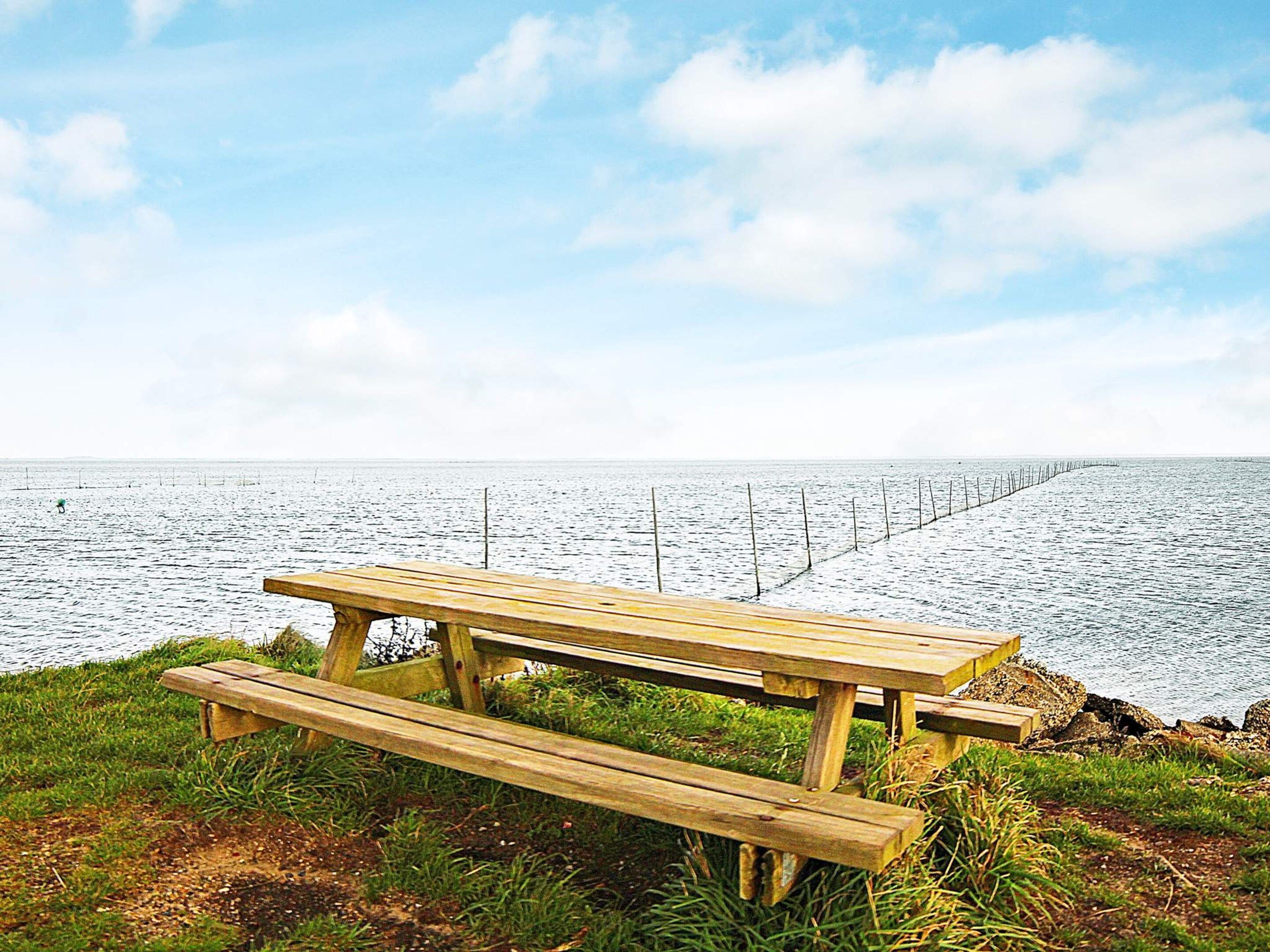 Une table de pique-nique en bois, placée près d’une étendue d’eau, sous un ciel dégagé.