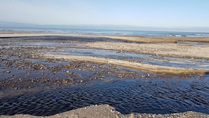 En strand med sten og sand, og havet i baggrunden.