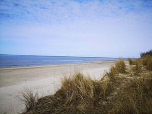 A sandy beach with dunes and a clear sky.