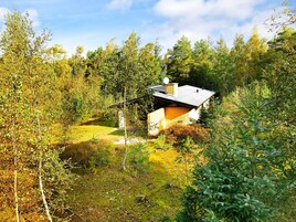 A house surrounded by dense forest with a clear sky.