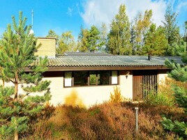 A single-story house with a sloped roof, surrounded by dense vegetation and trees.