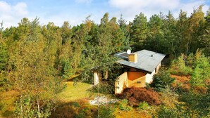 A house surrounded by dense forest, with a visible chimney and satellite dish. - 4 Star Holiday Home in Nexo (Nexø)