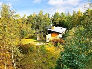 Ein modernes Haus, umgeben von dichtem Wald.