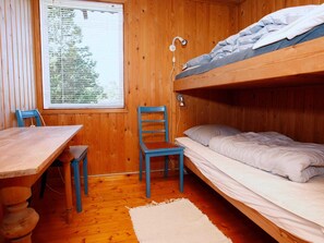 Ein kleines Zimmer mit einem Etagenbett, einem Schreibtisch und einem Stuhl.