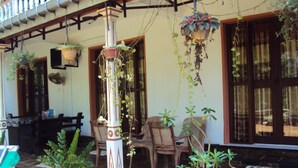 Une véranda agrémentée de plantes en pot, une table en bois et des chaises.