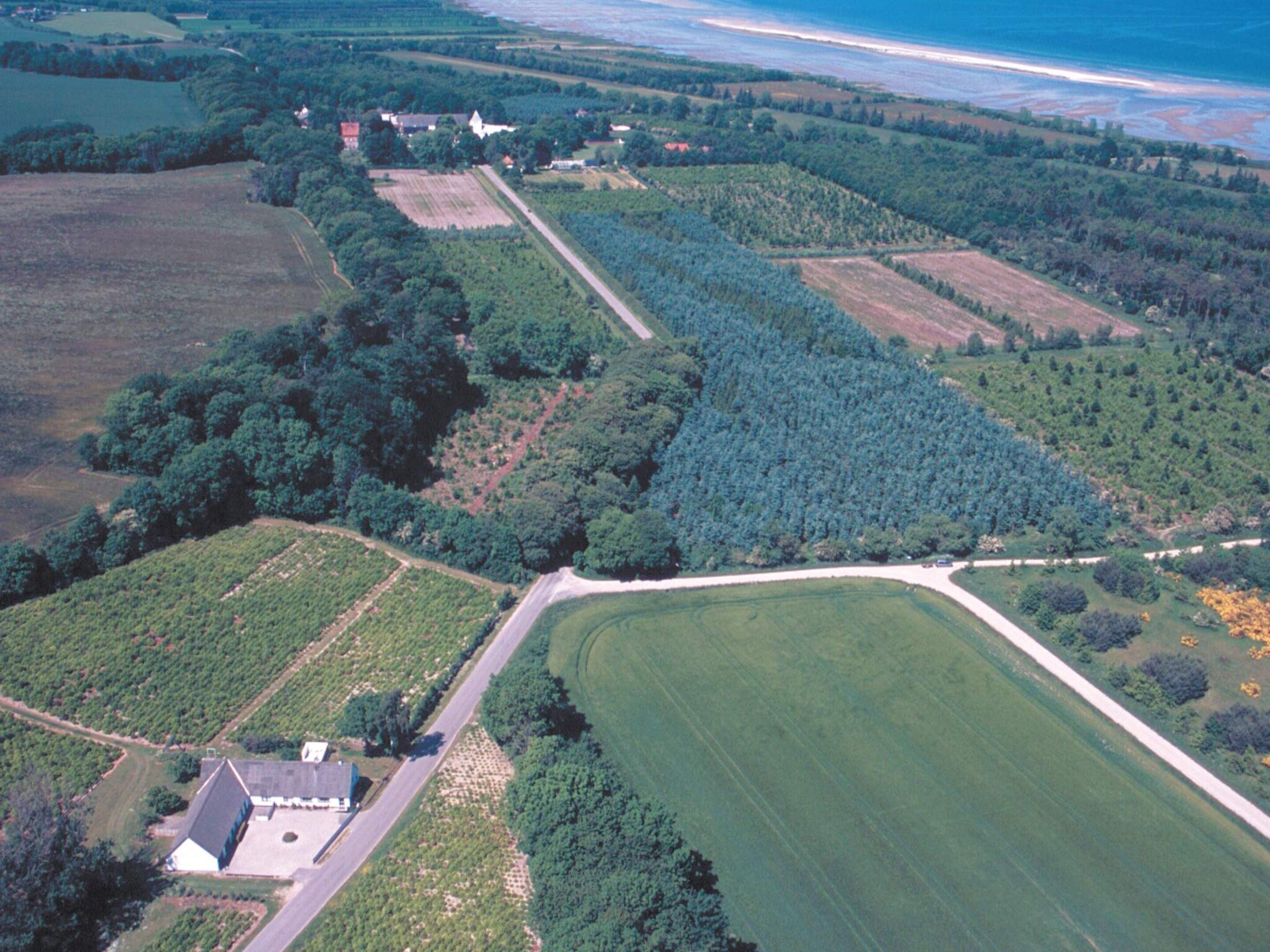 An aerial view of a rural property with fields, a large green area, and a building with a sloped roof.