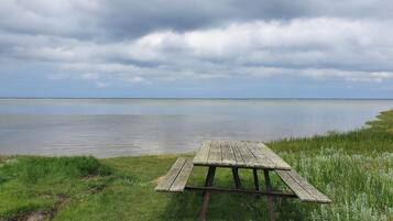 A wooden picnic table on a grassy area by a calm body of water under a cloudy sky.