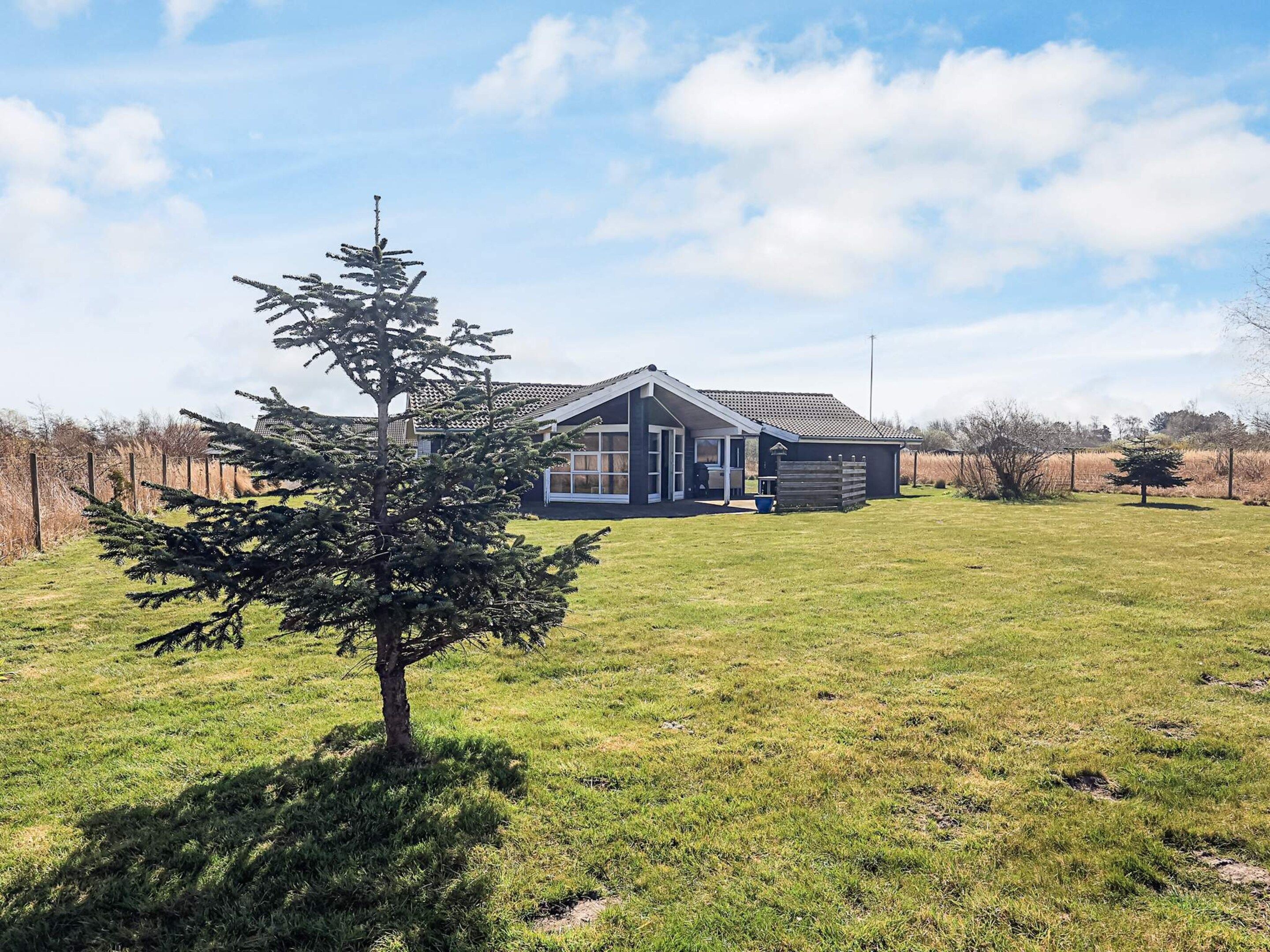 A house with a large lawn and a single tree in the foreground.
