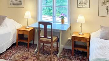 Een kamer met twee eenpersoonsbedden, een houten bureau met stoel, een raam met uitzicht op groen, en een kamerbreed tapijt met dessin.