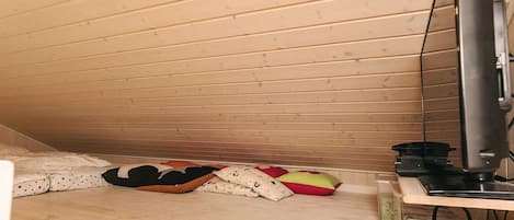 A small attic room with wooden slats on the ceiling, a television on a stand, and a few pillows on the floor.