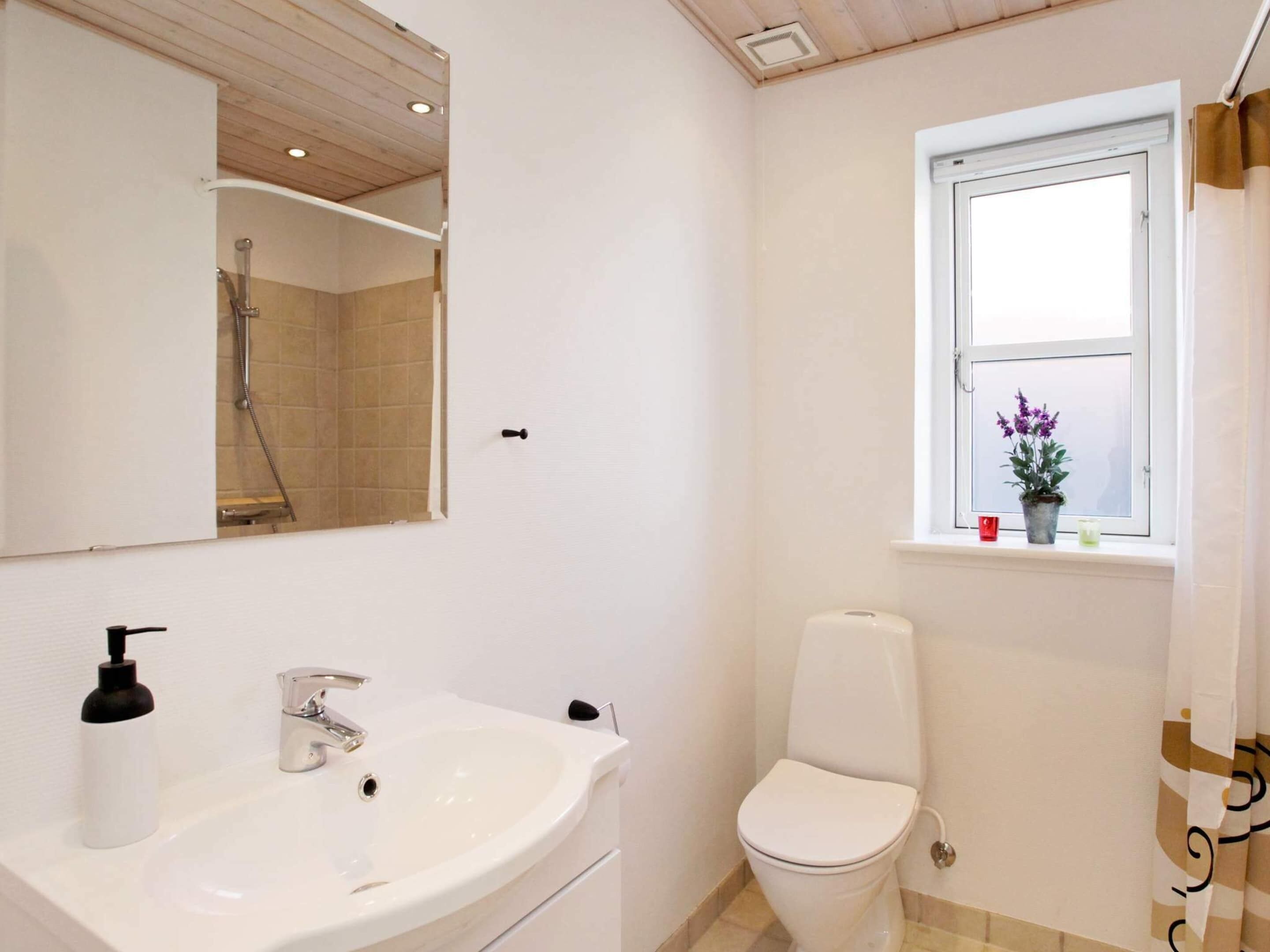 A bathroom with a white sink, a toilet, a window with a view of a plant, and a shower area.