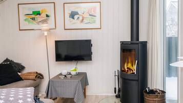 Una sala de estar con chimenea, un televisor de pantalla plana y dos obras de arte enmarcadas en la pared.