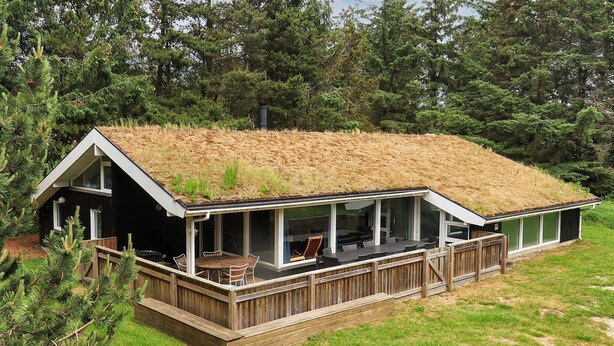A modern house with a grass roof, large windows, and a wooden deck. - 4 Star Holiday Home in Saltum (Lokken)