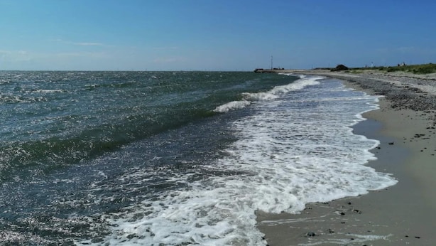 Una spiaggia con onde, cielo sereno e una struttura in lontananza.