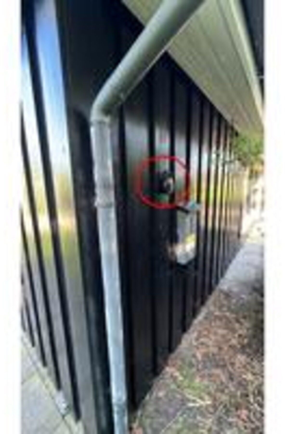 A black metal fence with a vertical pipe and a circular object on it.