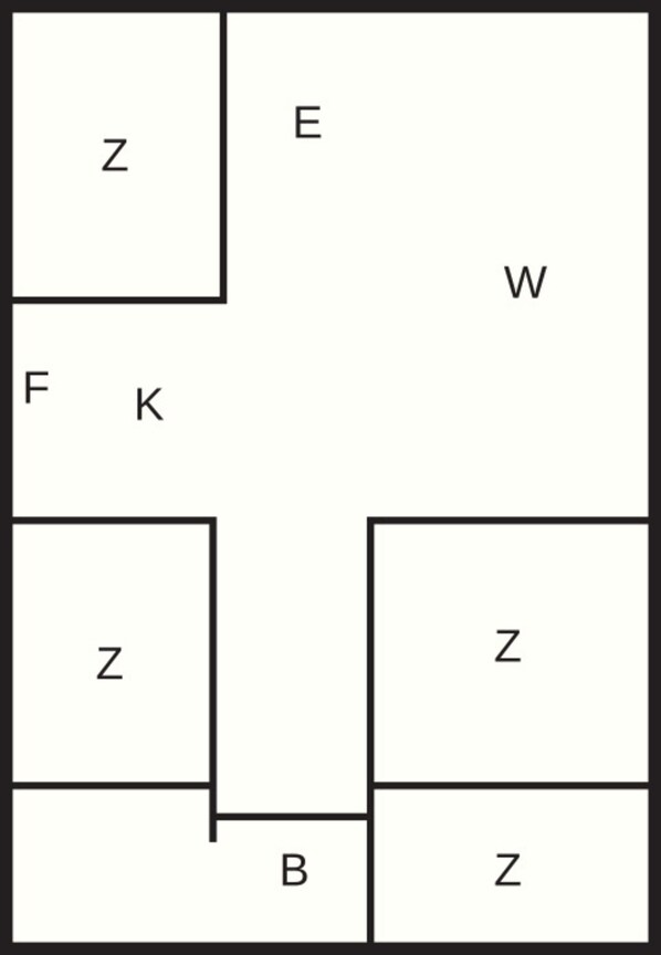 A floor plan with labeled rooms Z, E, W, F, K, and B.