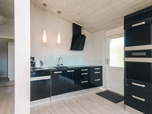 A modern kitchen with black cabinets, a stainless steel sink, and pendant lighting. - Holiday Home in Hejls (Hejls)