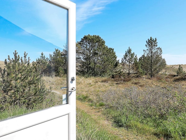 A white door with a glass panel, leading to a natural landscape with trees and shrubs. - Spacious Holiday Home in Strøby near Beach (Aalbaek)
