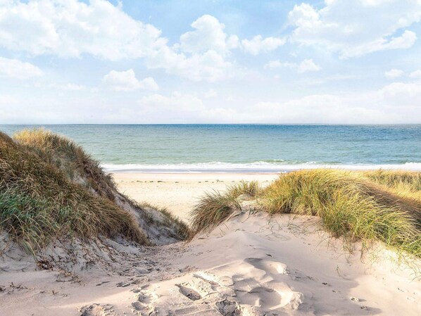 Una playa con dunas de arena y una vista despejada del océano.