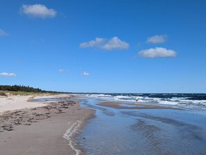 A beach with a clear sky, waves, and a person walking. - 4 Star Holiday Home in Vaeggerlose (Vaeggerlose)
