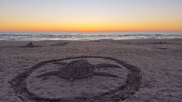 A beach with a sand art of a turtle.