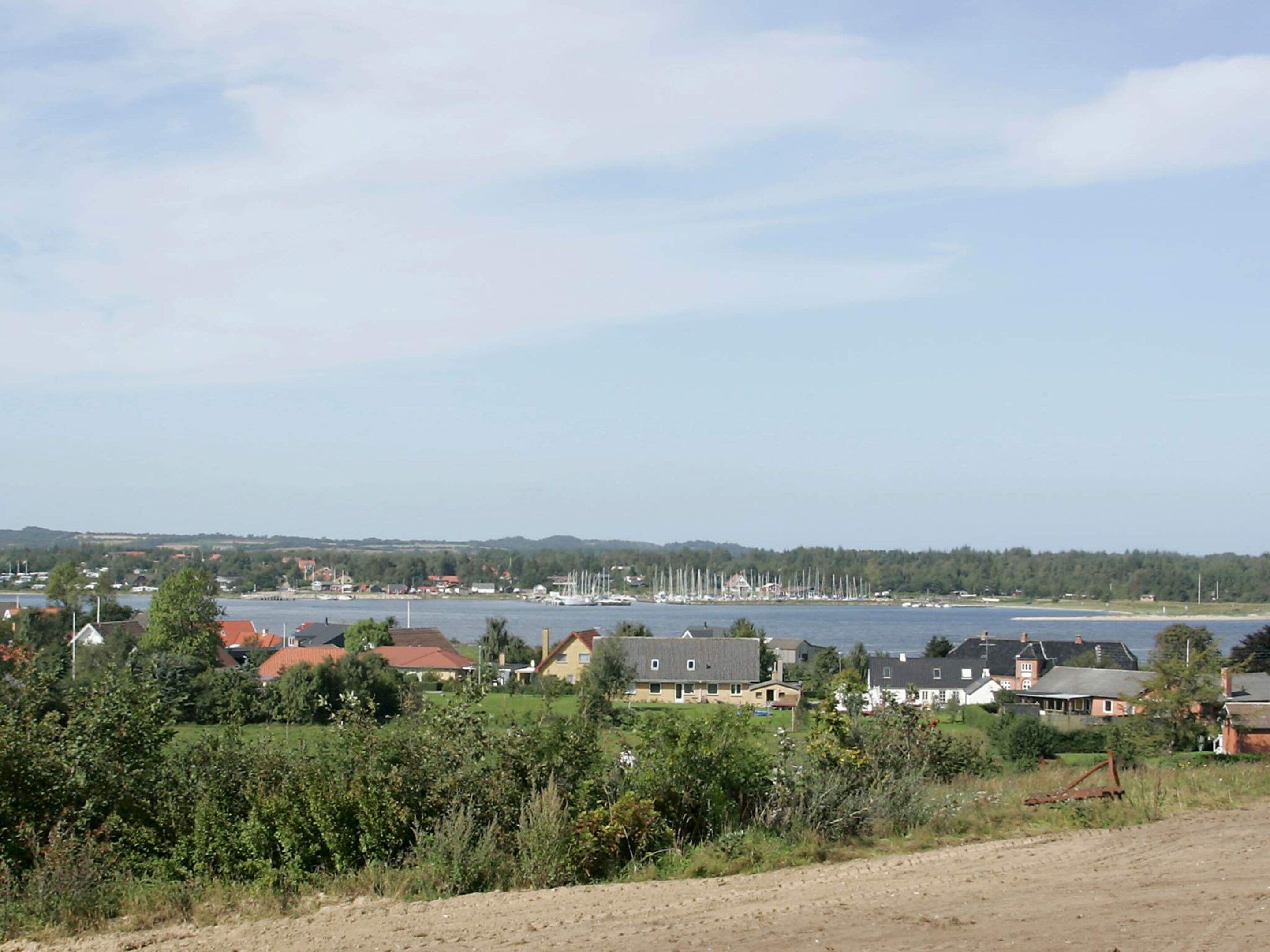 Una zona residencial costera con casas, un puerto deportivo y una masa de agua.