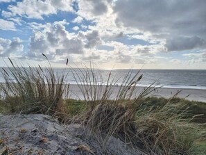 A beach with sand dunes and grass in the foreground, leading to the ocean.