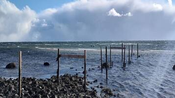 Un rivage rocheux, parsemé de poteaux en bois, où les vagues s’écrasent sur la plage.