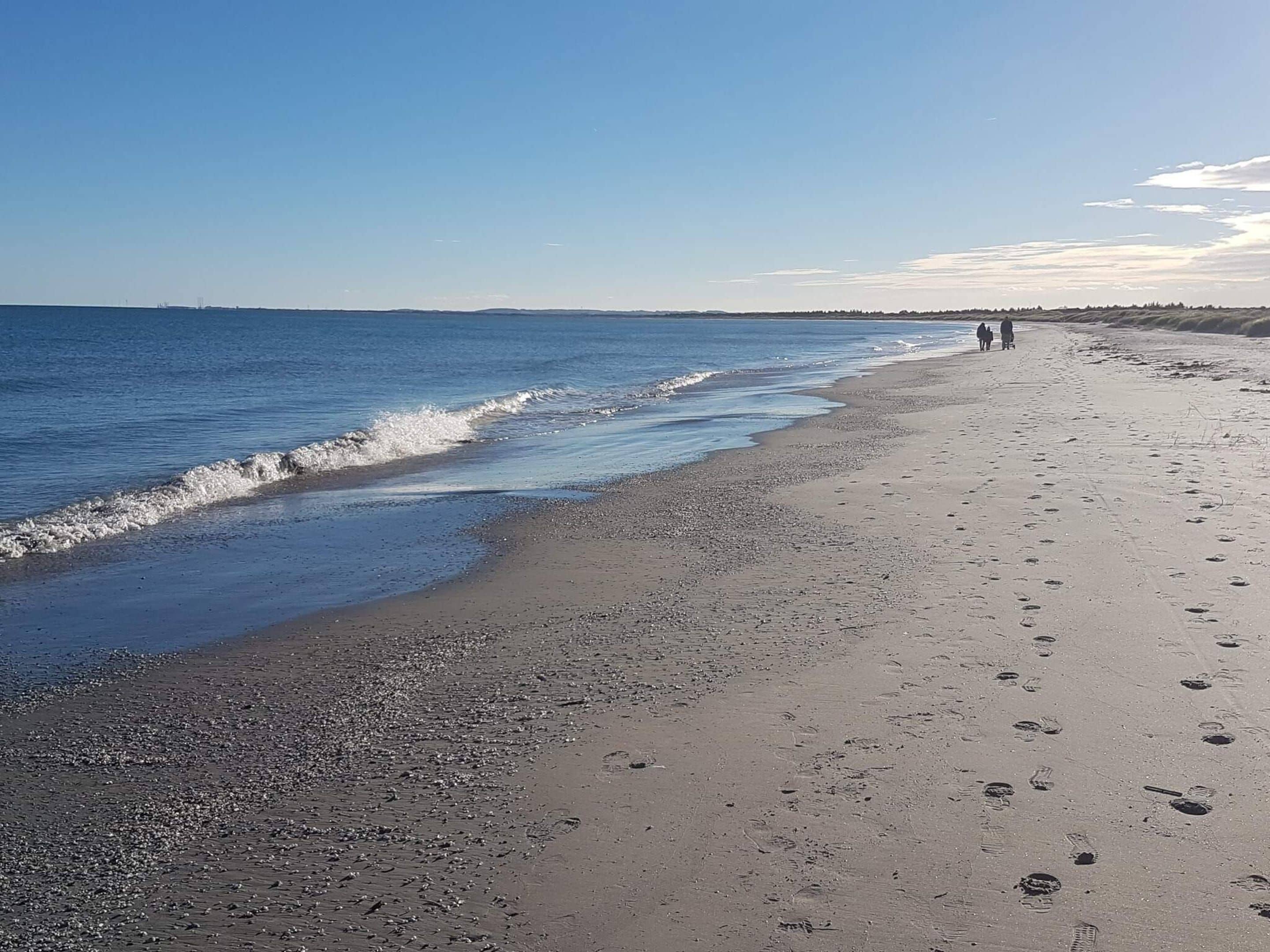 A beach with pebbles and footprints, a clear sky, and distant figures walking.