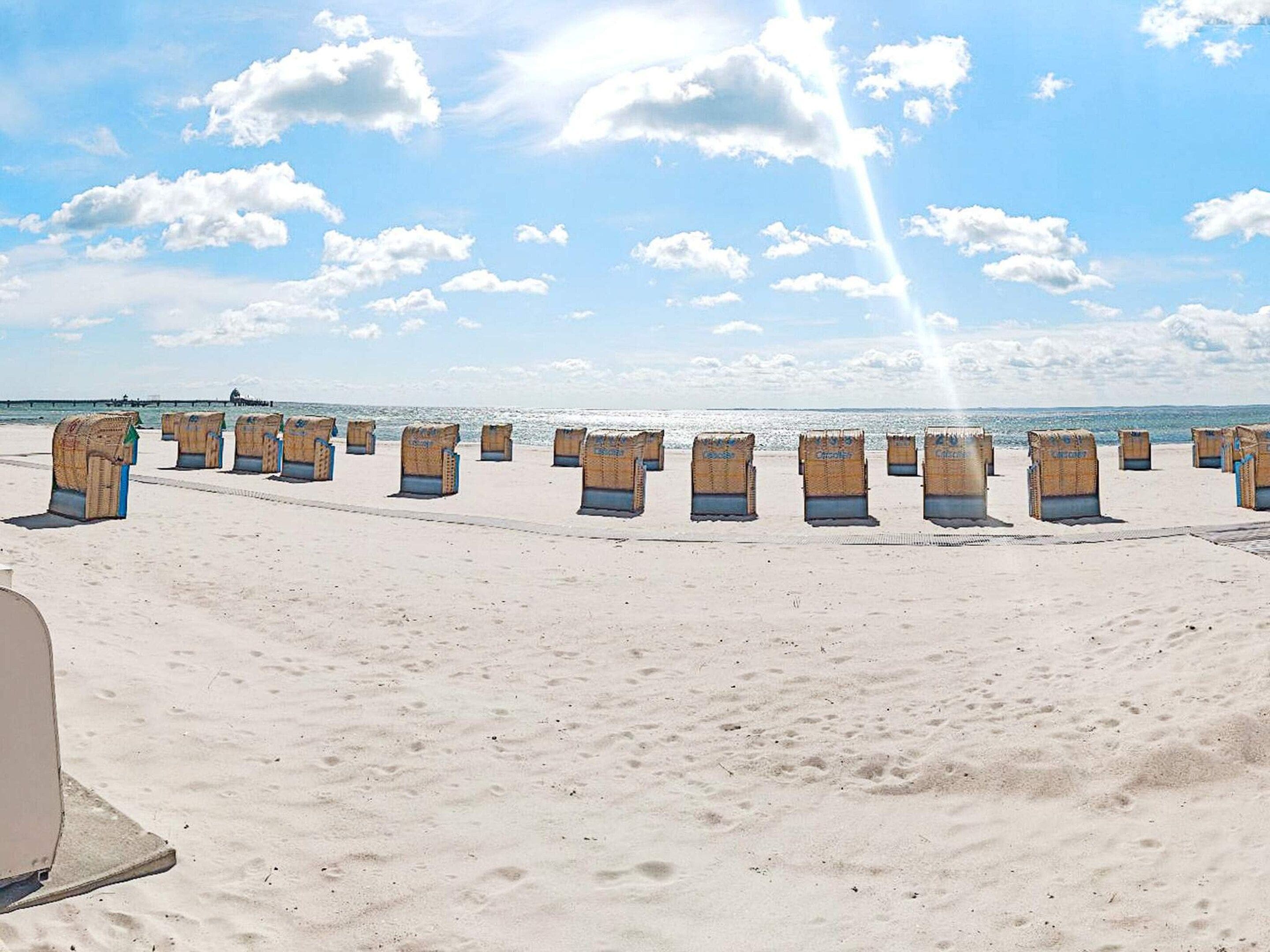 Una playa con filas de sillas y un muelle al fondo.