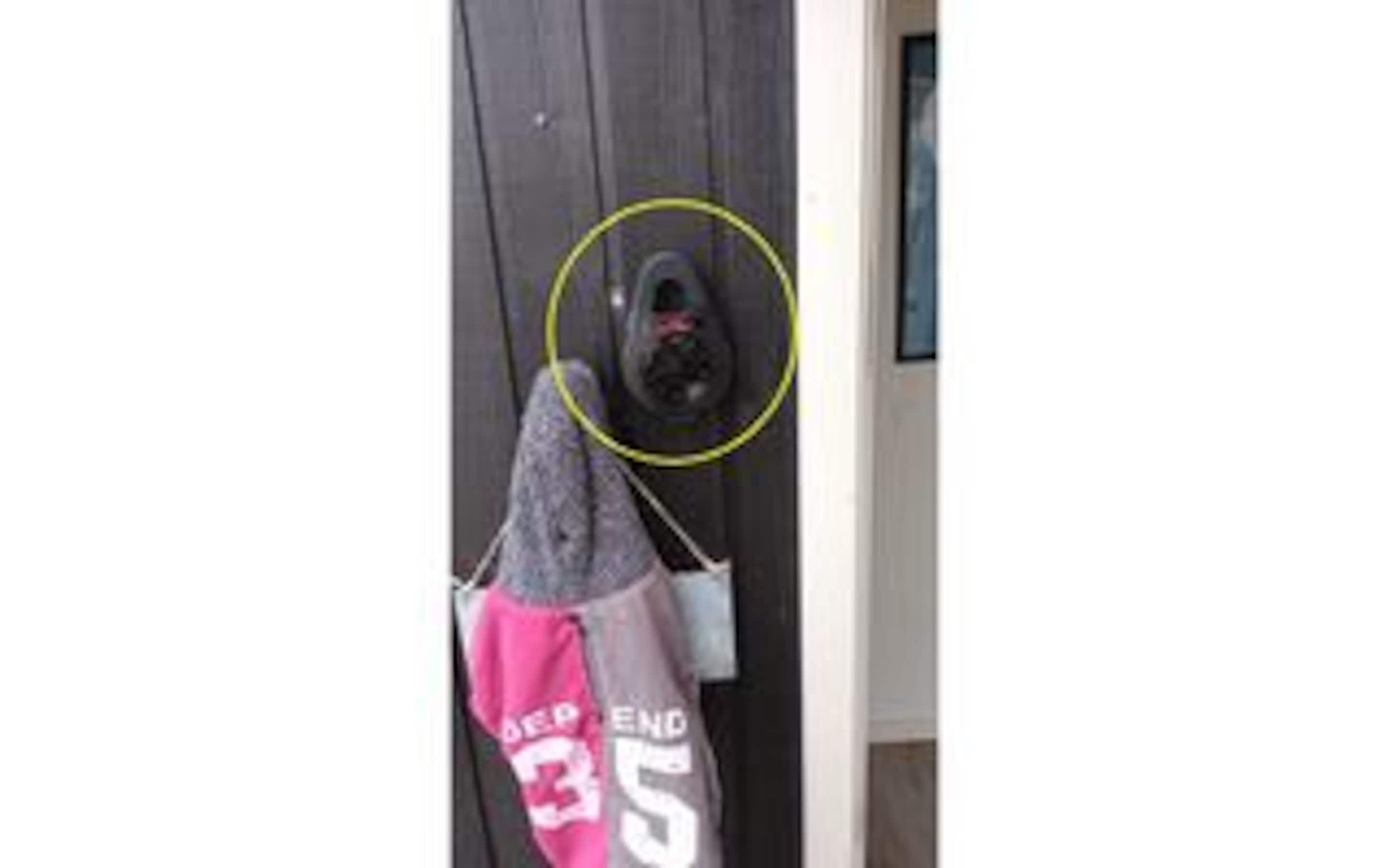 A door with a shoe rack, a pair of shoes, and a pink garment with 'DEPEND' and '35' visible.