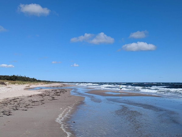 A beach with a clear sky, waves, and a person walking.