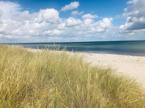 A beach with sand and grass in the foreground, a clear sky, and a calm sea.