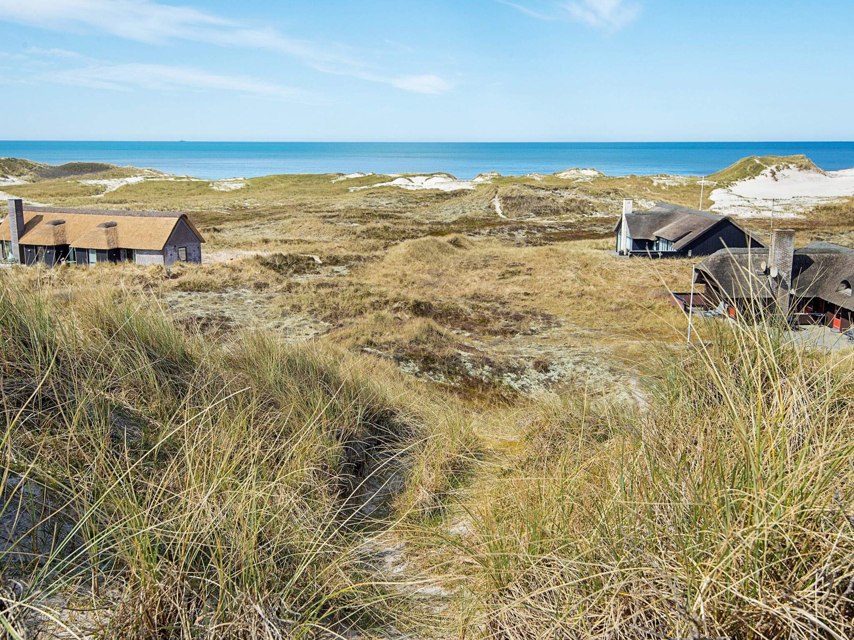 Un paysage côtier avec des maisons situées sur les dunes et une vue dégagée sur la mer.