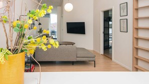 Moderni olohuone, jossa on harmaa sohva, seinälle asennettu taulutelevisio ja puinen tikkapuukirjahylly.