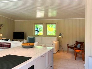 Una habitación con cama, sofá, televisión, dos ventanas, lámpara y una silla.