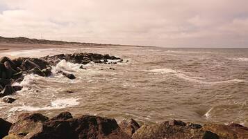 A rocky shoreline with waves crashing against the rocks.