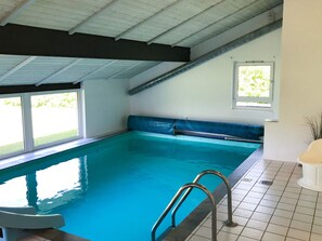 An indoor swimming pool with clear water, a metal ladder, and a window with a view of greenery. - 4 Star Holiday Home in Hjorring (Hjørring)