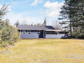 A single-story house with a dark blue exterior, a metal roof, and a covered porch.