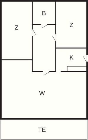 Ein Grundriss mit den gekennzeichneten Räumen Z, B, K, W und TE.