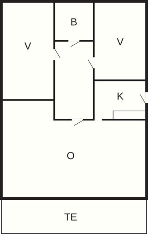 Ein Grundriss mit beschrifteten Räumen V, B, K und O, die durch Gänge miteinander verbunden sind.