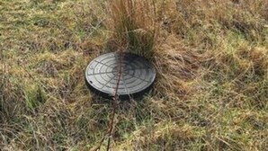 Ein verrosteter Abdeckungsdeckel in einer grünen Wiese.