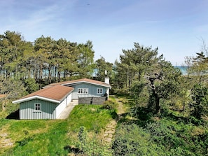 Une maison de plain-pied, dotée d’un toit en pente, entourée d’arbres denses et baignée par un ciel dégagé.