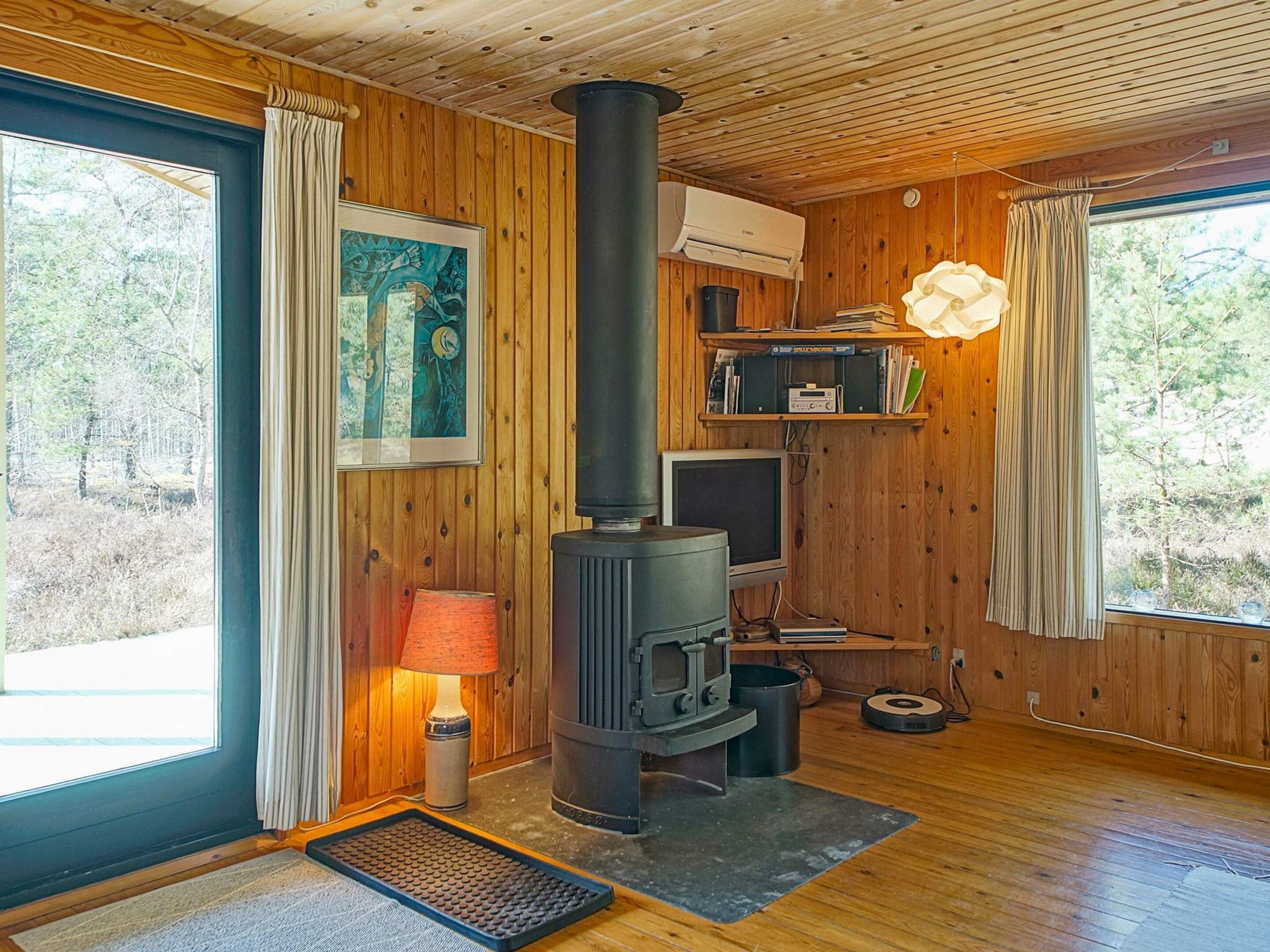 A cozy room with a wood-burning stove, a television, and a bookshelf.