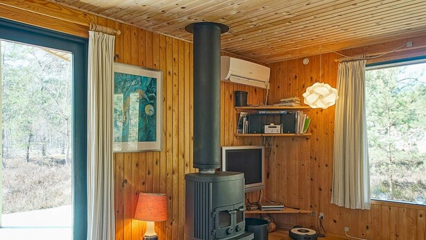 Una habitación acogedora con estufa de leña, televisor y estantería.