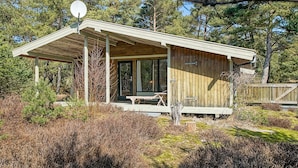 Eine Holzhütte mit überdachter Veranda, einer Satellitenschüssel und einem Picknicktisch.