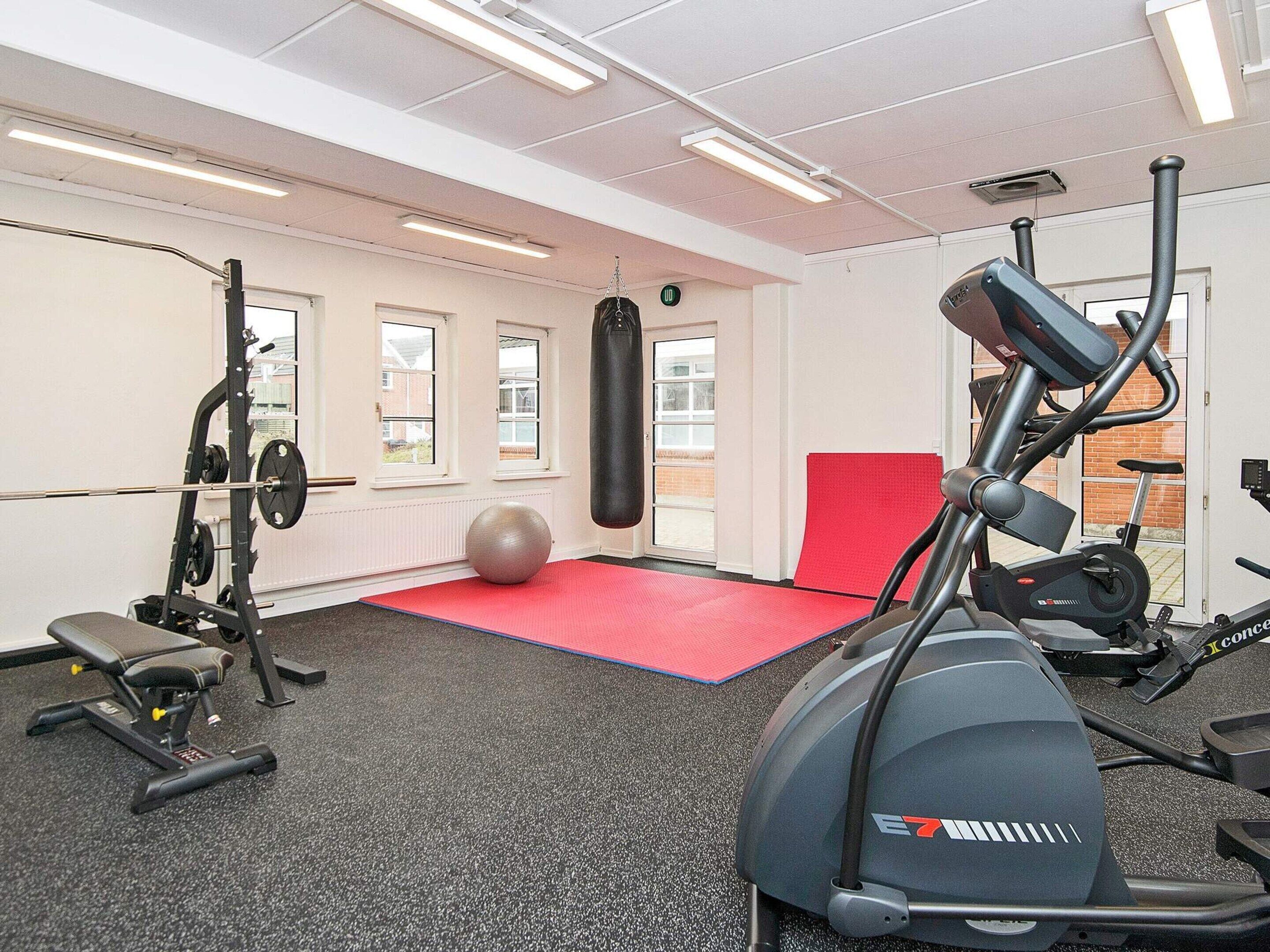 A gym with exercise equipment, a punching bag, and a red mat.