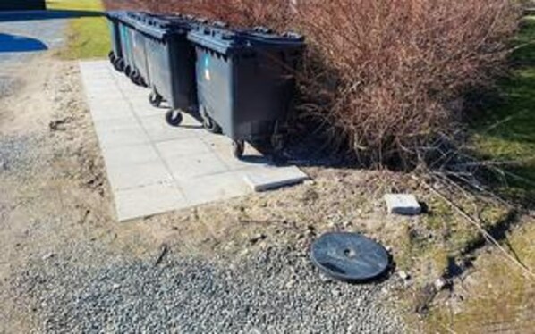Dos contenedores de basura negros, un área pavimentada y algo de vegetación.
